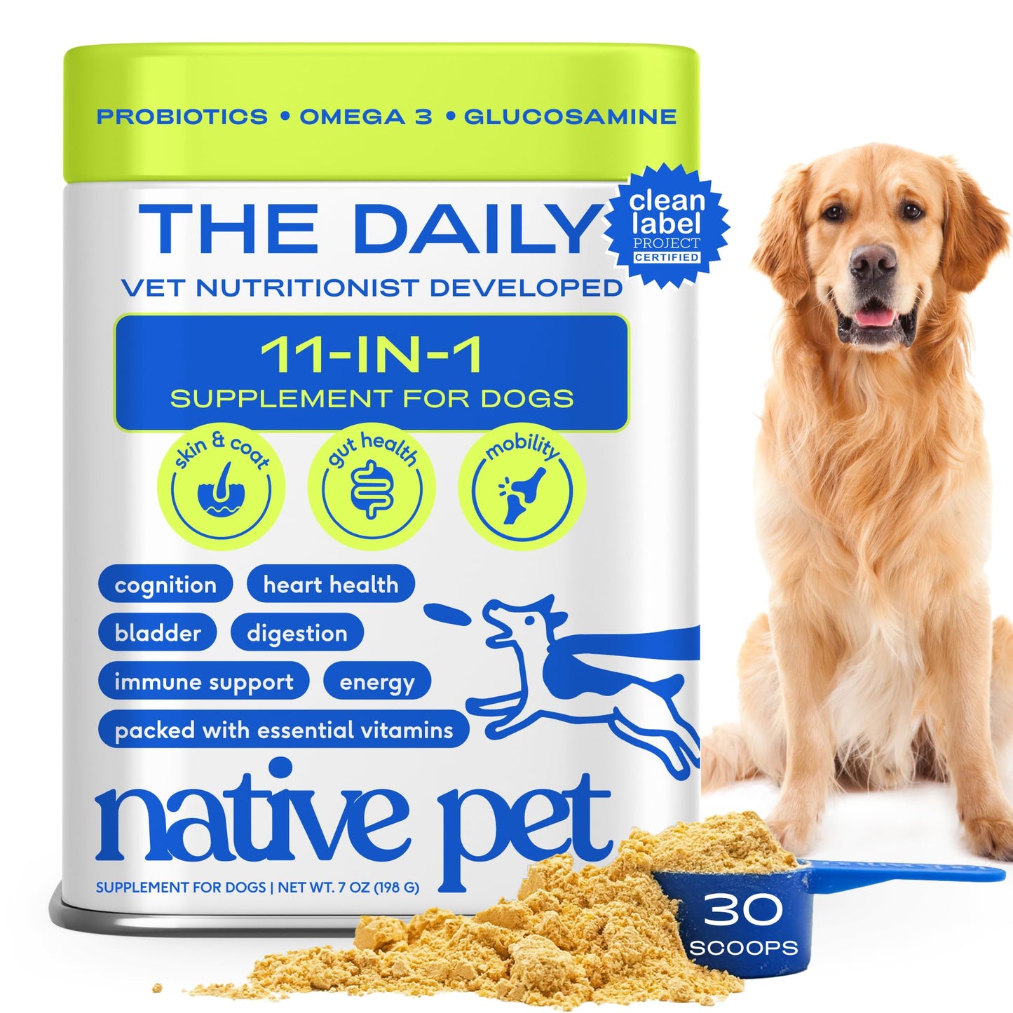 Native Pet Dog Vitamins & Supplements - 11-in-1 Multivitamin Powder for Dogs Food Topper - Collagen, Glucosamine, Probiotics, Omega & More- Supports Healthy Gut, Mobility & Overall Health -30 Scoops