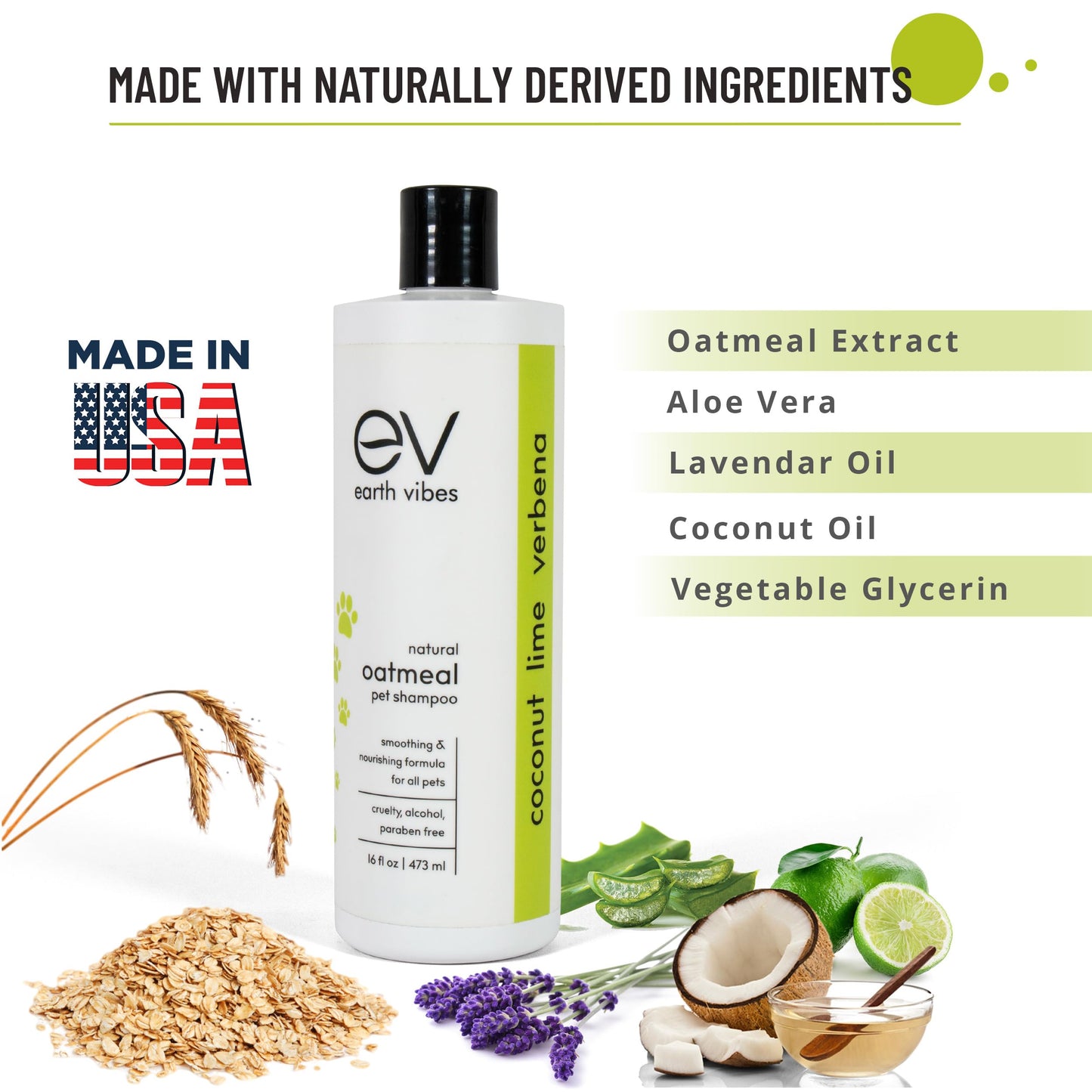 Earth Vibes Natural Oatmeal Dog & Cat Pet Shampoo & Conditioner, Dry Itchy Skin Relief for Dogs, Cats & Pets, Calming Aloe Vera, Made in USA, 16oz