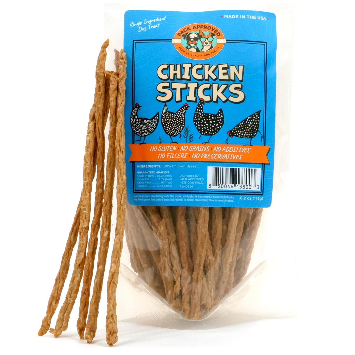 Pack Approved Chicken Sticks for Dogs - Dehydrated Chicken Jerky Treats. Single Ingredient Made and Sourced in America - High Protein, Low Fat - Crunchy Treat Sticks - 6.2oz