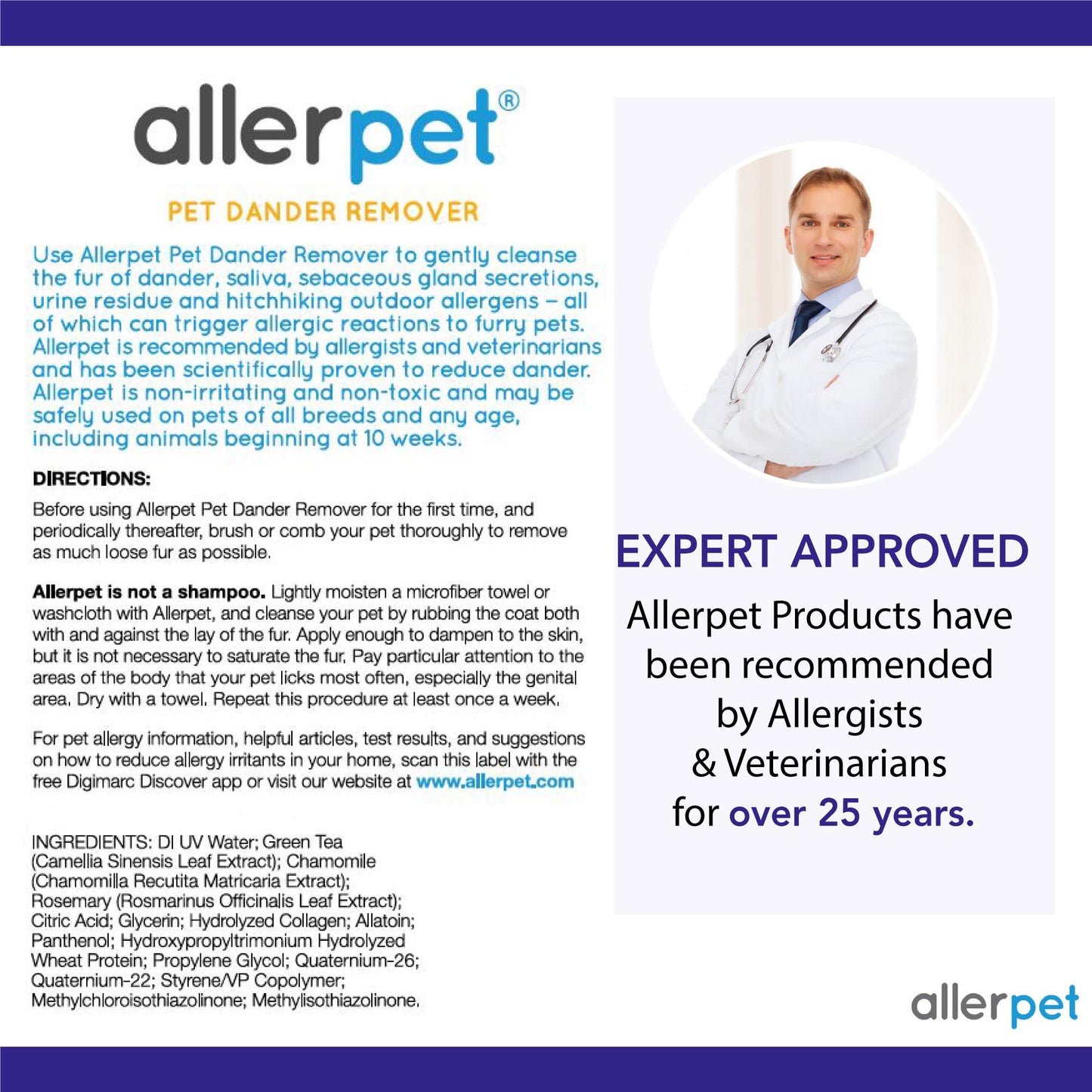 Allerpet Single Solution 16 fl oz Bottle Dander Remover for Pets - Relieves Allergies - Bonus Mitt to Easily Apply Solution to Your Pet