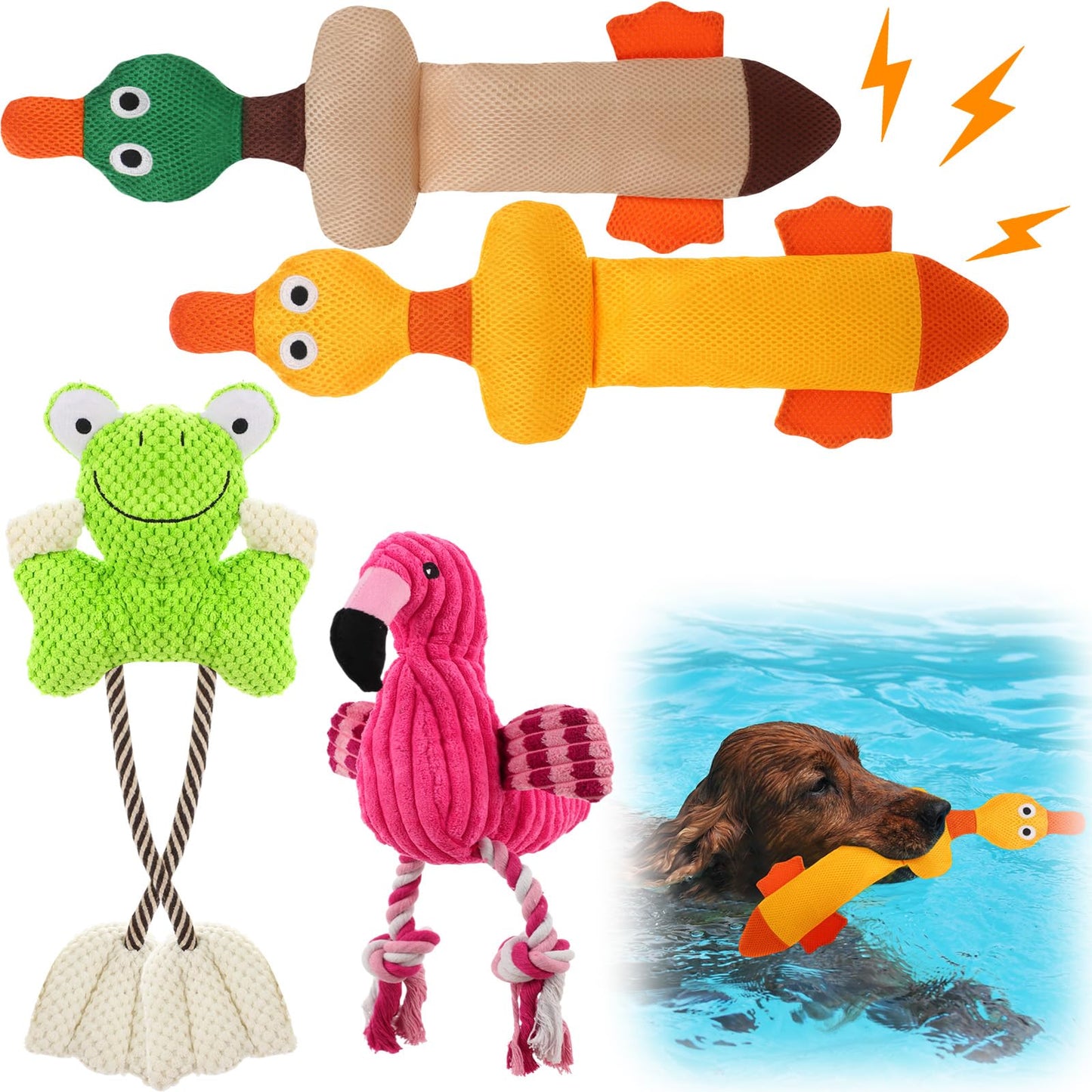 Suilung 4 Pcs Floating Dog Water Pool Toys Cute Flamingo Frog Durable Plush Chew Squeaky Teething Toys for Small Medium Large Breed Dog, Dock Diving and Fetch Training