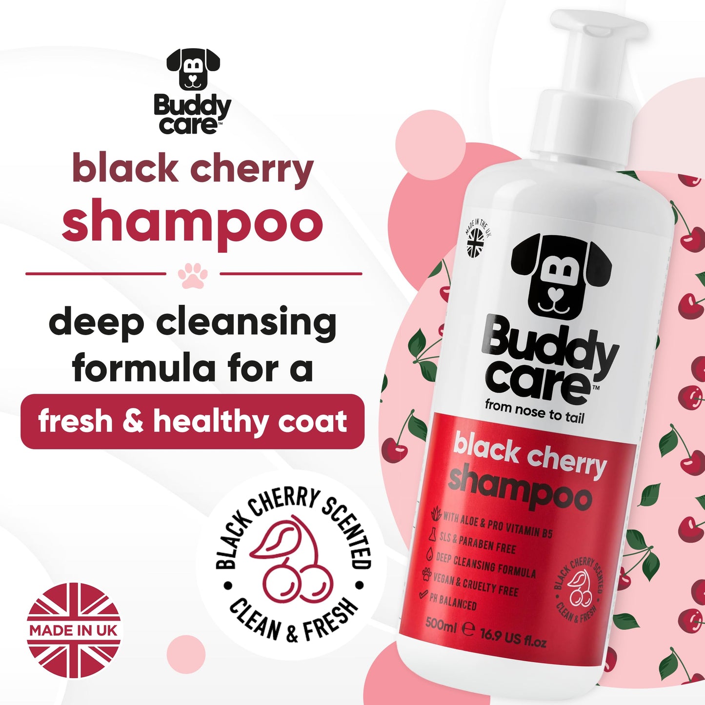 Black Cherry Dog Shampoo by Buddycare | Dry Skin & Itchy Skin Relief for Smelly Dogs | Deep Cleansing for Dogs Puppy Sensitive Skin | Dog Shampoo & Conditioner | with Aloe & Vitamin B5 (16.90oz)