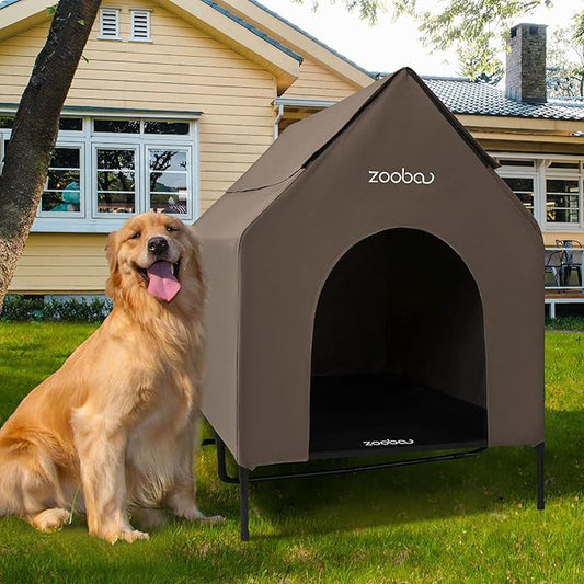 48" XL Outdoor Dog House – Weatherproof Elevated Pet Shelter, Breathable Mesh & Steel Frame, Easy to Assemble & Clean, Large Dog Houses for All Seasons (Brown)