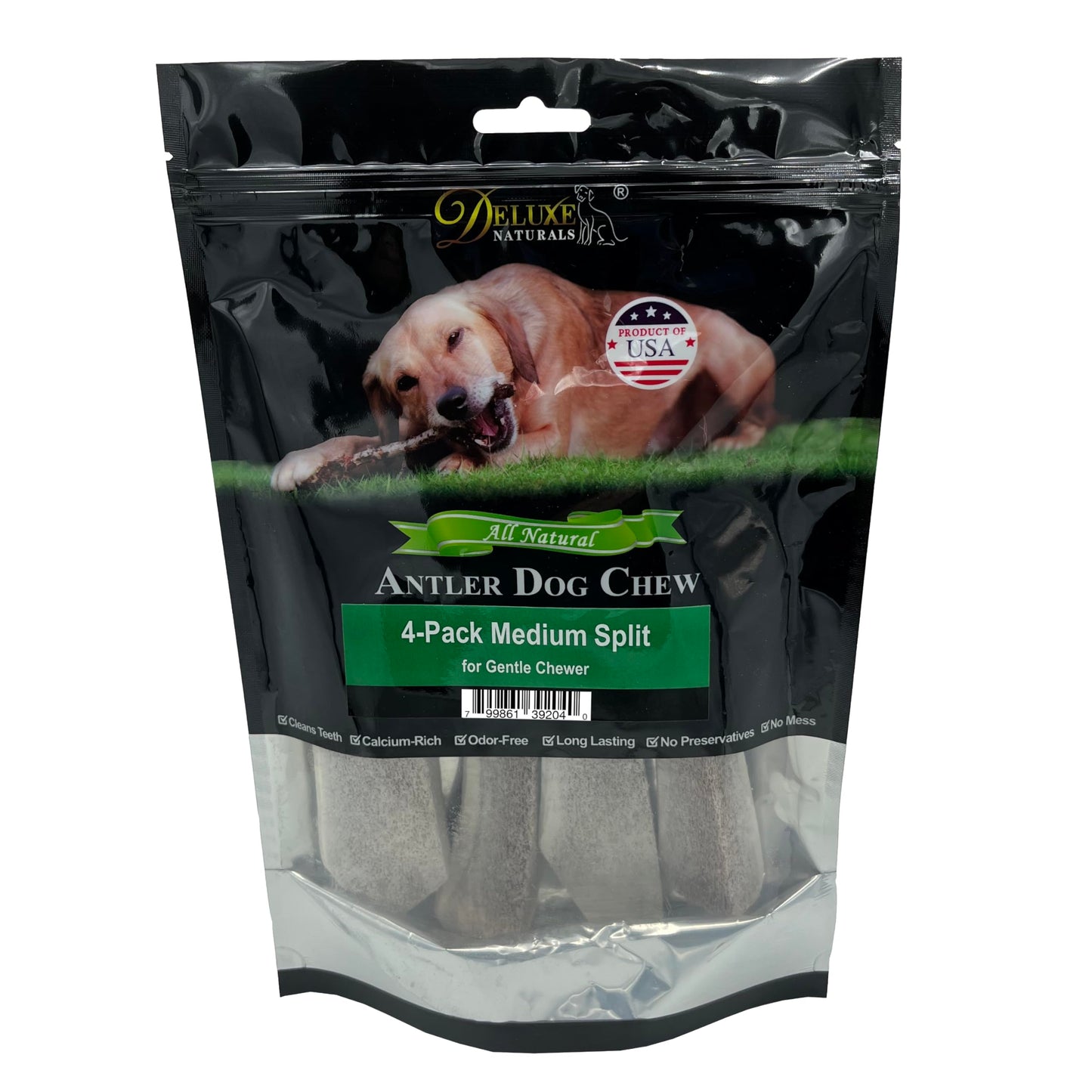 Deluxe Naturals Elk Antler Dog Chews | Long-Lasting A-Grade Premium Elk Antler Chews for Dogs from Naturally Shed Elk Antlers Collected in The USA, Split, Medium (Pack of 4)