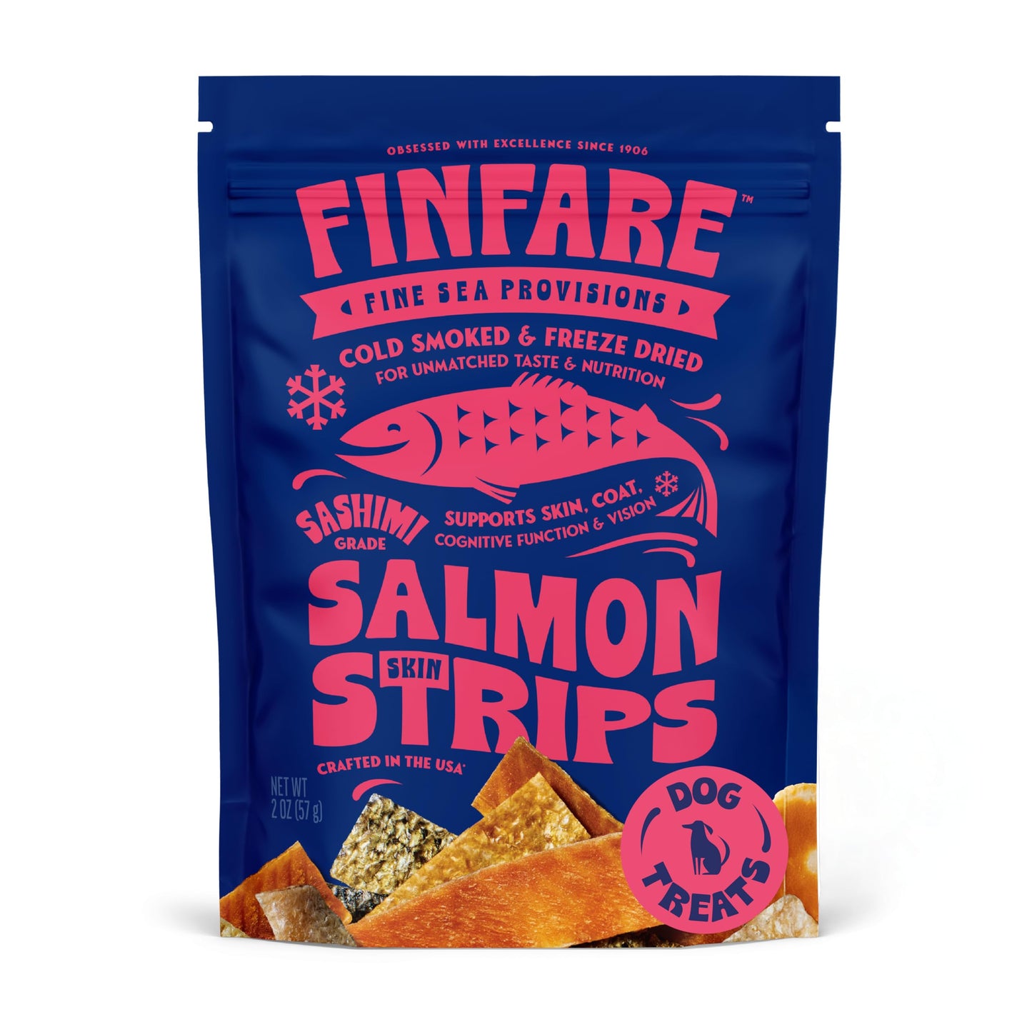 Finfare Freeze Dried Dog Treats, Salmon Skin Strips, Protein & Omega-3s, Grain Free Salmon Dog Training Treats, Crafted in USA, 2oz