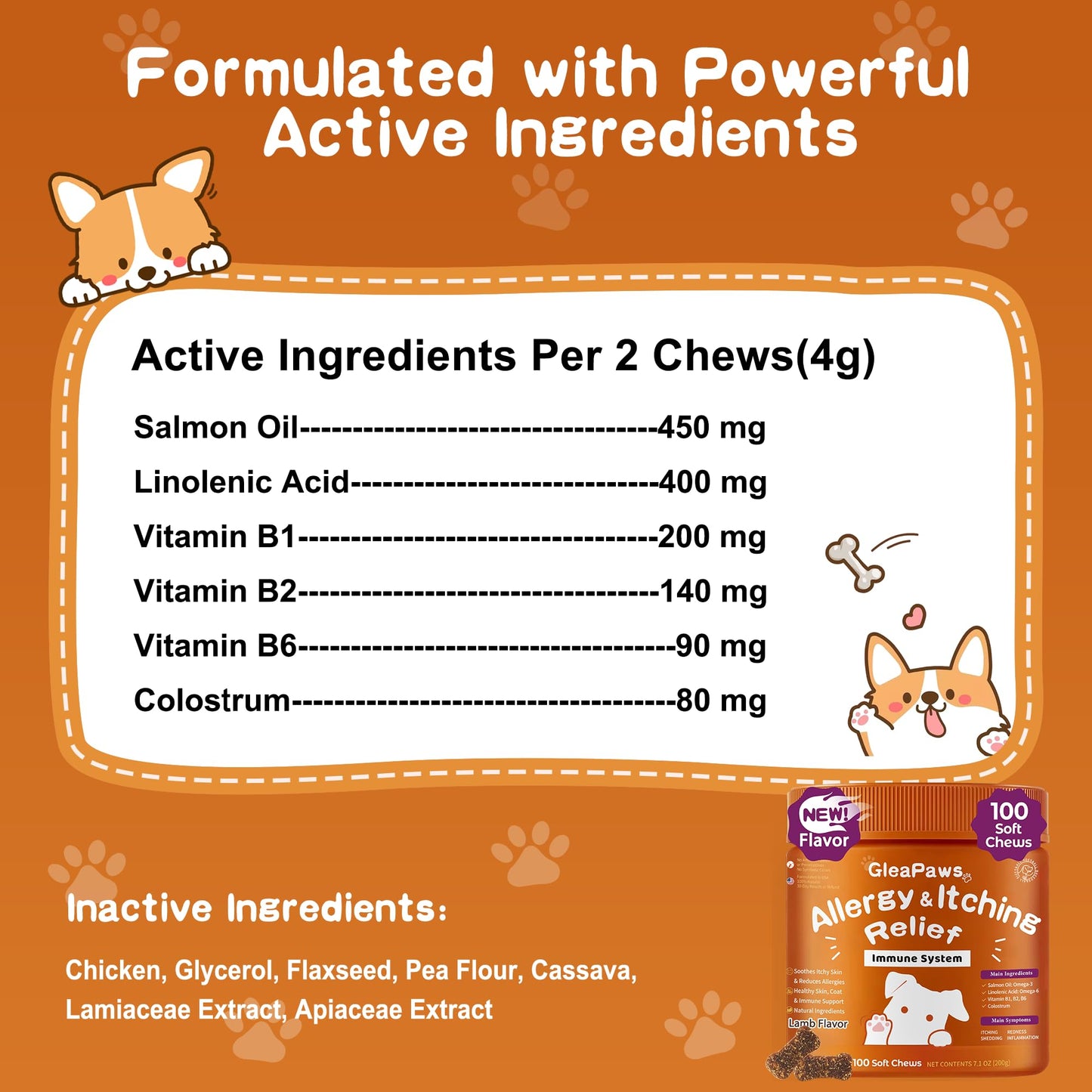 GleaPaws Dog Allergy & Itch Relief Supplement - Salmon Oil Omega-3, Omega-6, Vitamin B1/B2/B6, Colostrum Probiotics for Seasonal Allergy, Hot Spots, Paw Licking, 100 Chews, Lamb+Salmon Oil