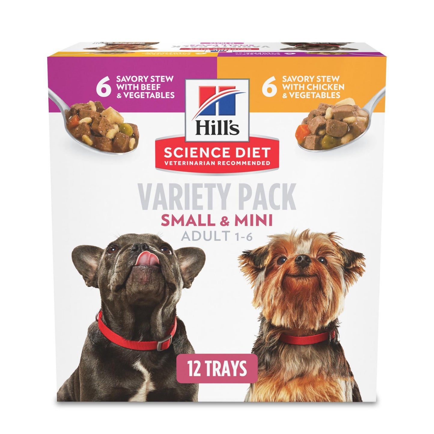 Hill's Science Diet Small & Mini, Adult 1-6, Small & Mini Breeds Premium Nutrition, Wet Dog Food, Variety Pack: Chicken & Vegetables; Salmon & Vegetables Stew, 3.5 oz Tray Variety Pack, Case of 12