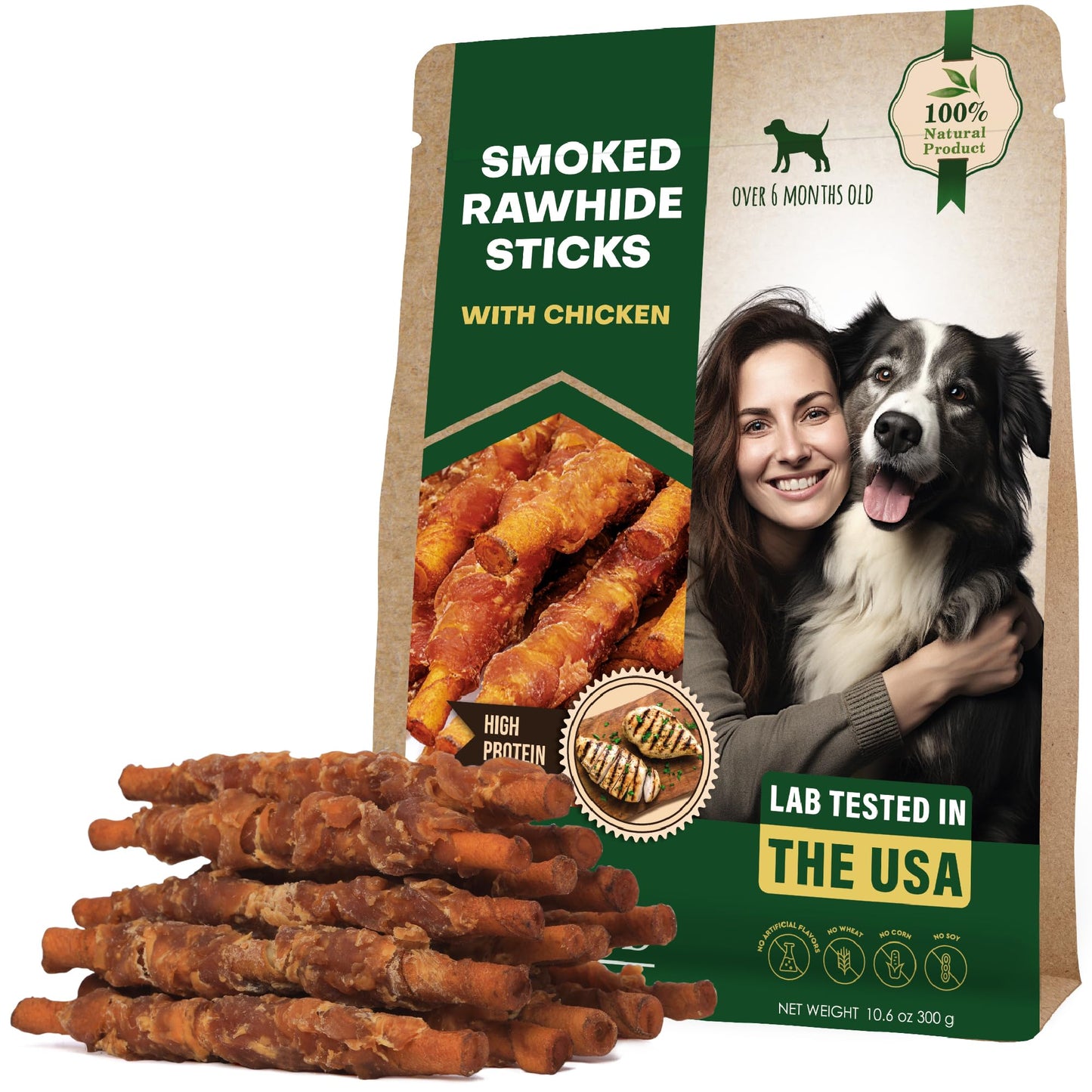 Dog Treats Rawhide Sticks Wrapped with Chicken 11 oz Pet Natural Chew Treats - Grain Free Meat & Human Grade Dried Snacks - Best for Small & Large Dogs (10.6 Ounce (Pack of 1), Smoked Chicken)