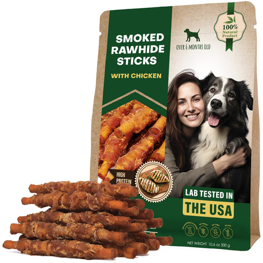 Dog Treats Rawhide Sticks Wrapped with Chicken 11 oz Pet Natural Chew Treats - Grain Free Meat & Human Grade Dried Snacks - Best for Small & Large Dogs (10.6 Ounce (Pack of 1), Smoked Chicken)