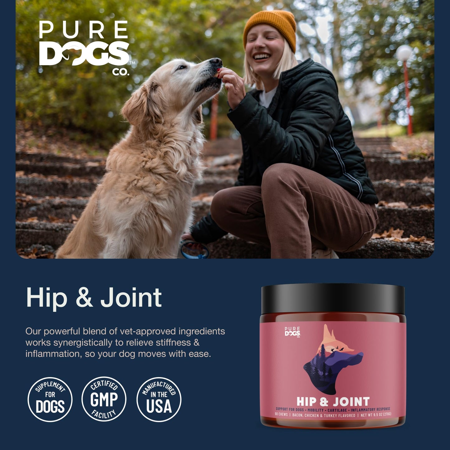 Pure Dogs Hip & Joint Dog Chews - Glucosamine Chondroitin & Green Lipped Mussel for Joint Pain Relief, Function & Mobility, Gut & Digestive Support - for Large & Small Breeds - 90 Chews