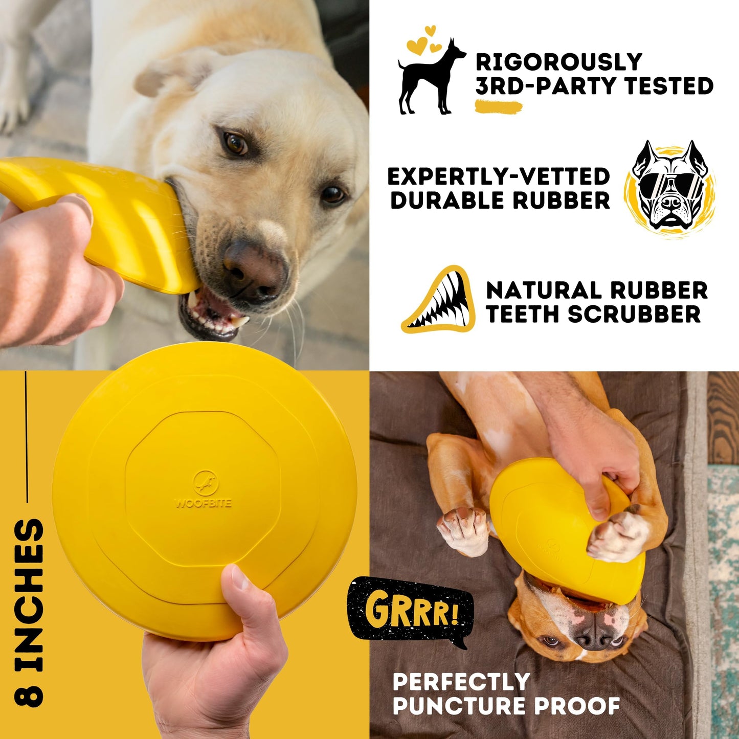 WoofBite "Indestructible Dog Disc - Lifetime Replacement - Medium & Large Breed - Ultra Durable for Aggressive Chewers - Tough & Strong, Heavy Duty Natural Rubber Toy - Fetch, Tug, & Chew - 8in