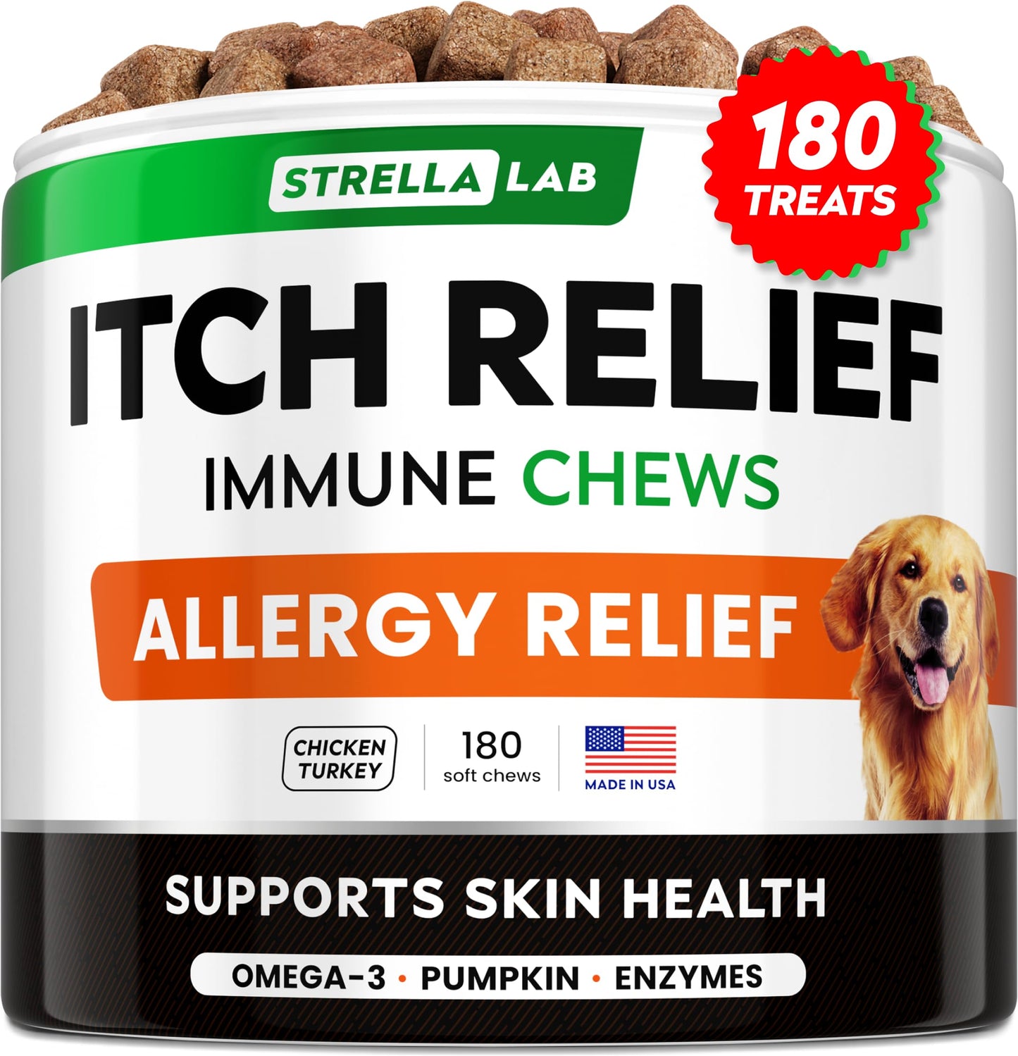 StrellaLab Dog Allergy Relief & Anti Itch Support Chews w/Omega 3, Pumpkin, Enzymes & Turmeric: Real Ingredients, Real Taste! Skin & Coat Immune Supplement w/Fish Oil - Made in USA - 180Ct - Chicken