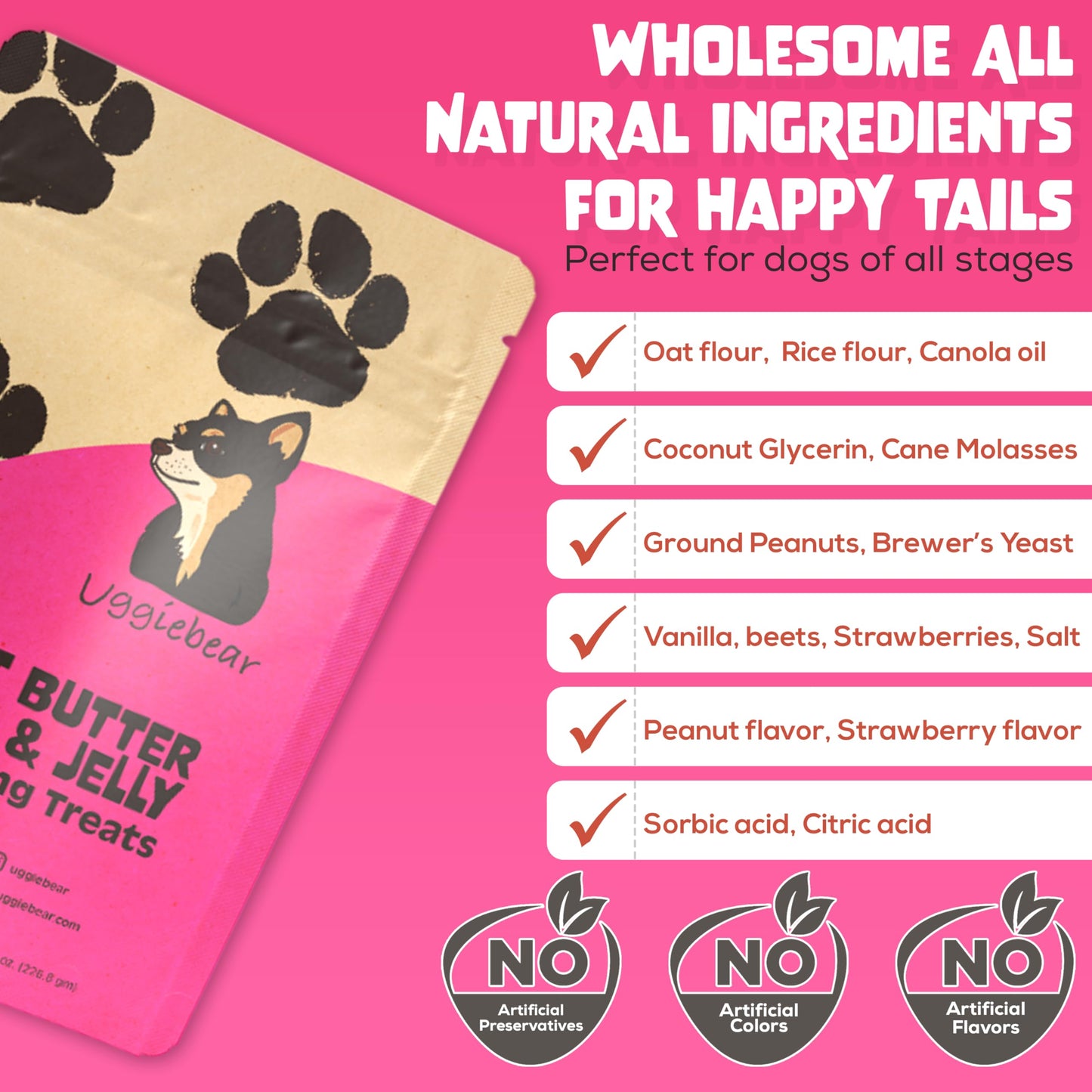 Uggiebear Grain Free, All Natural, Peanut Butter & Jelly Flavored, Healthy Low Calorie Dog Treats, Made in The USA