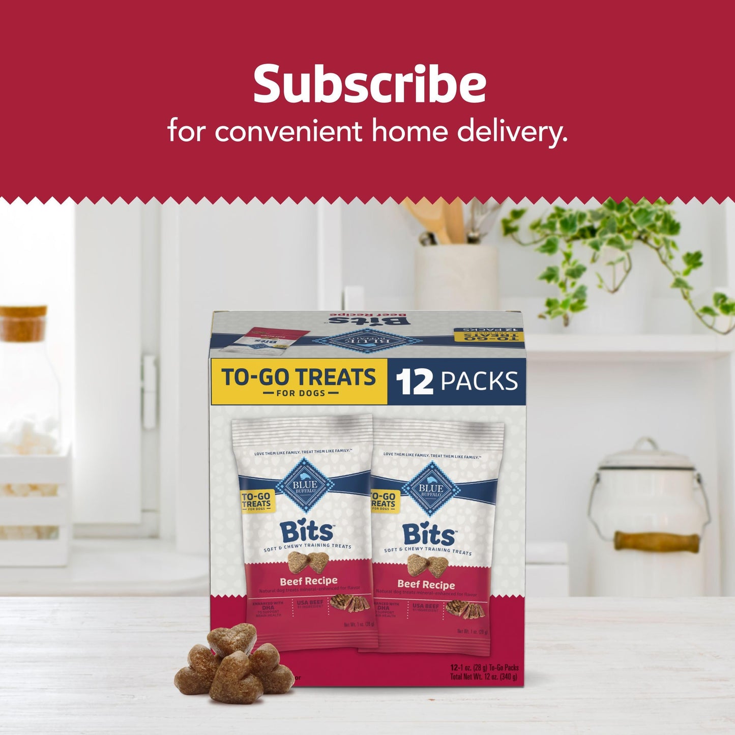 Blue Buffalo Bits Natural Soft Moist To Go Dog Training Treats Beef Recipe 1-oz Bags (Pack of 12)