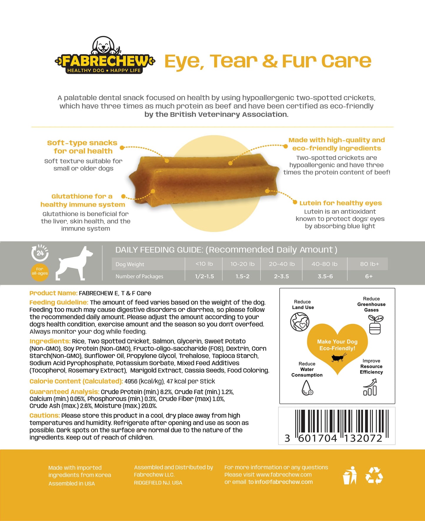 Fabrechew Yellow Eye, Tear Marks & Fur Care Dog Treats – High-Protein Dental Snacks with Cricket & Salmon Protein, Hypoallergenic, Meat Free, Supports Clear Eyes & Healthy Fur, Soft Type (14 Pcs)