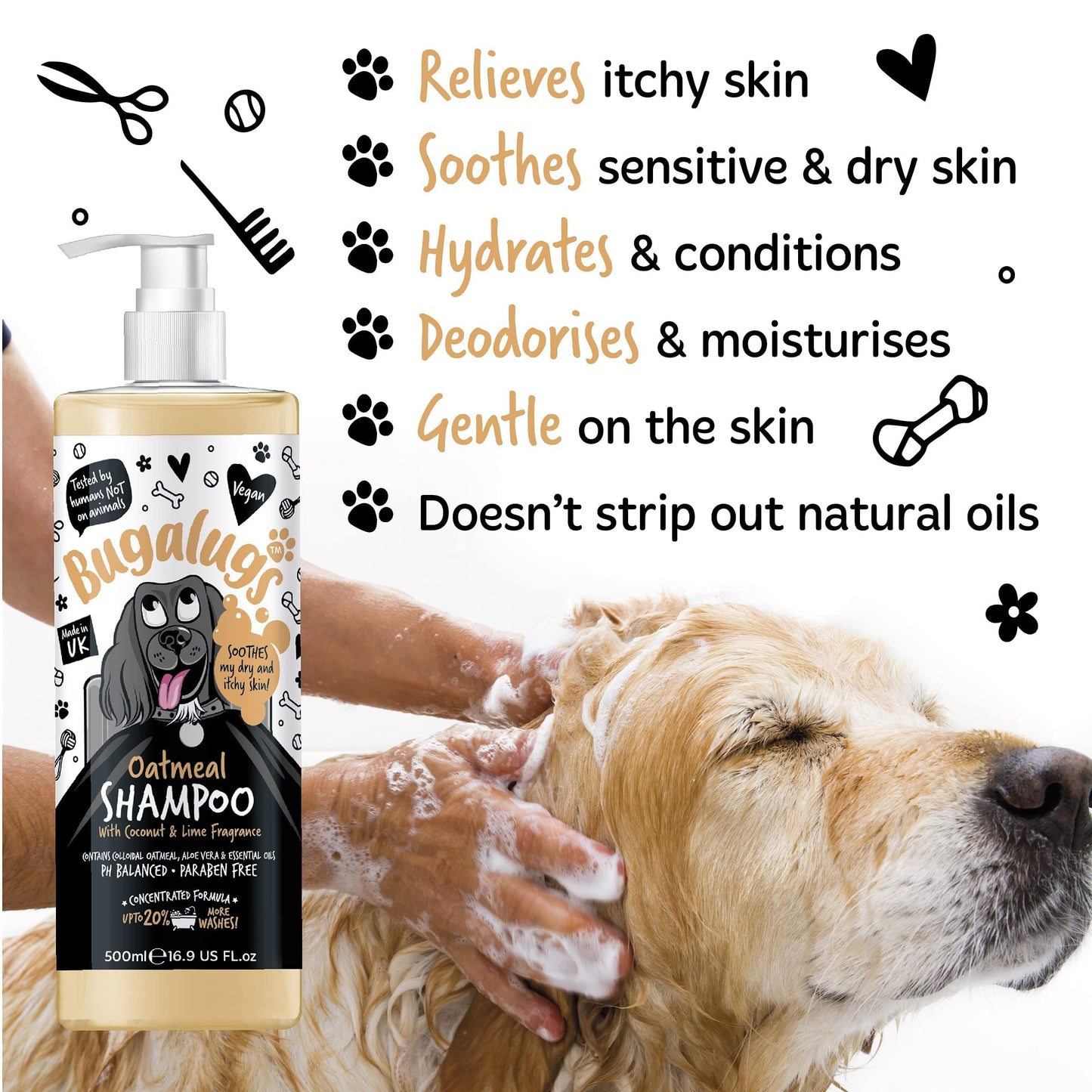 BUGALUGS Oatmeal & Aloe Vera Dog Shampoo Dog Grooming Shampoo Products for Smelly Dogs with Fragrance, Oatmeal Puppy Shampoo, Professional Vegan pet Shampoo & Conditioner