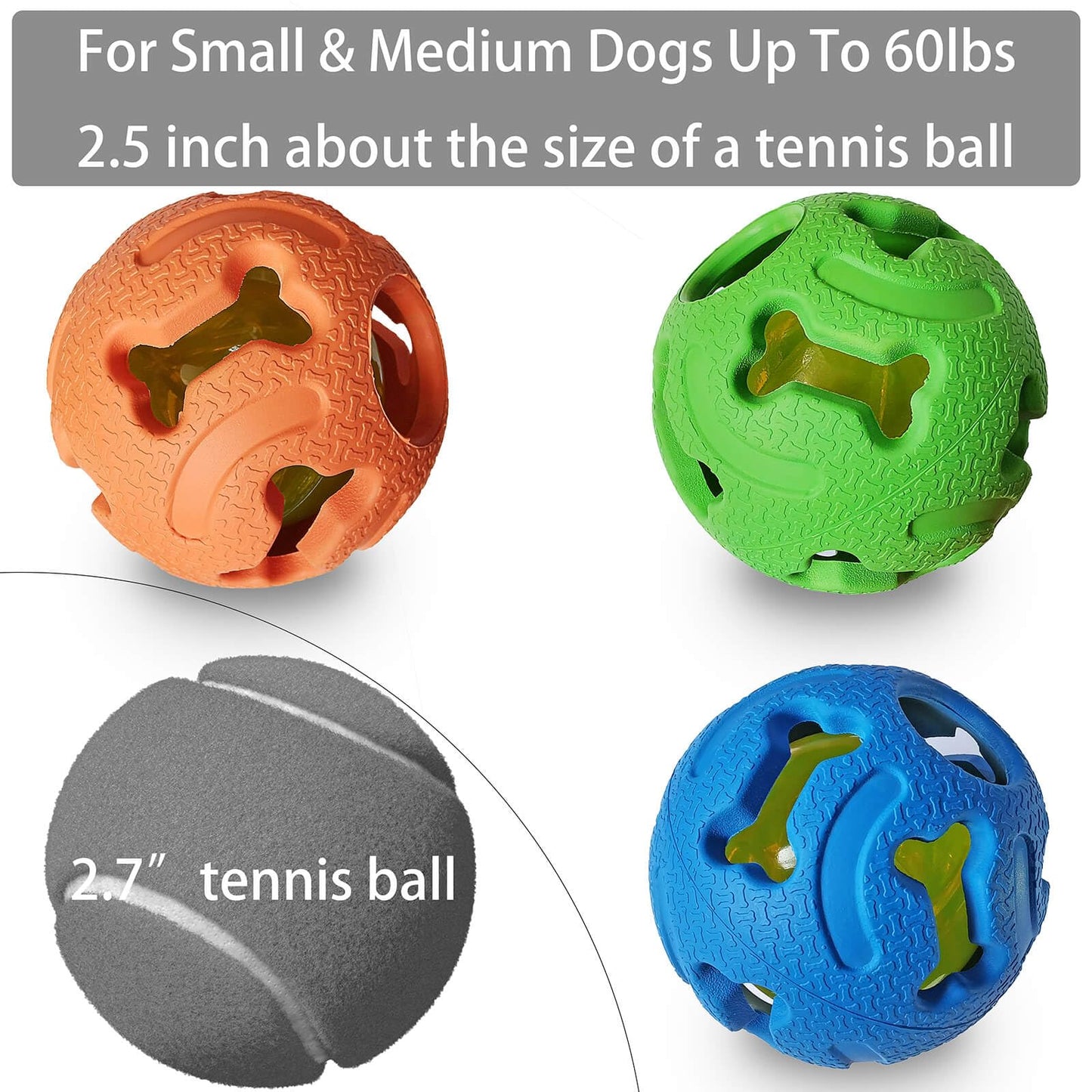 Leejec Dog Toys, 2.5" Interactive Light up Balls, Chew Toys for Medium and Small Breed, Rubber Durable Fetch Training Balls, Pet Birthday Gift, 3-Pack