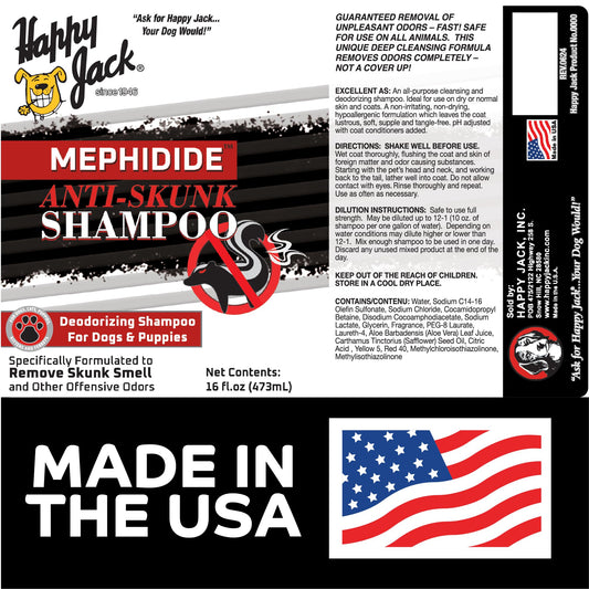 HAPPY JACK Mephidide Anti Skunk Shampoo for Dogs, Cats, Pets – Hypoallergenic Skunk Odor Remover for Dogs – Deodorizing Dog Shampoo (16oz)
