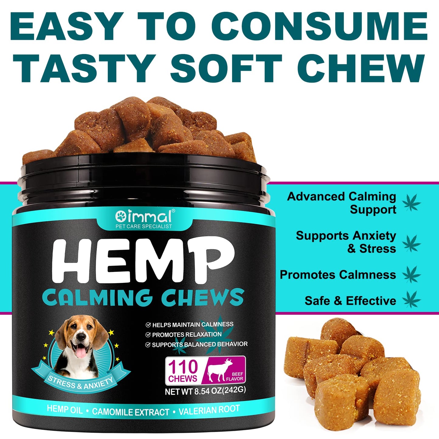 Hemp Calming Chews for Dogs, Dog Training & Behavior Aids, Dog Calming Treats, Natural Soothing Snacks Hemp + Valerian Root, Dog Anxiety Relief & Aggressive Behavior, 110PCS Calming Dog Treats, Beef
