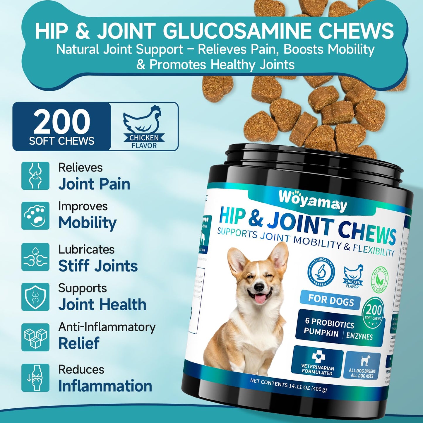 Hip and Joint Supplement for Dogs, Glucosamine for Dog Joint Supplement, 200 Soft Chews with Glucosamine, Chondroitin and MSM Dog Hip and Joint Supplement for All Ages and Breeds, Chicken Flavor