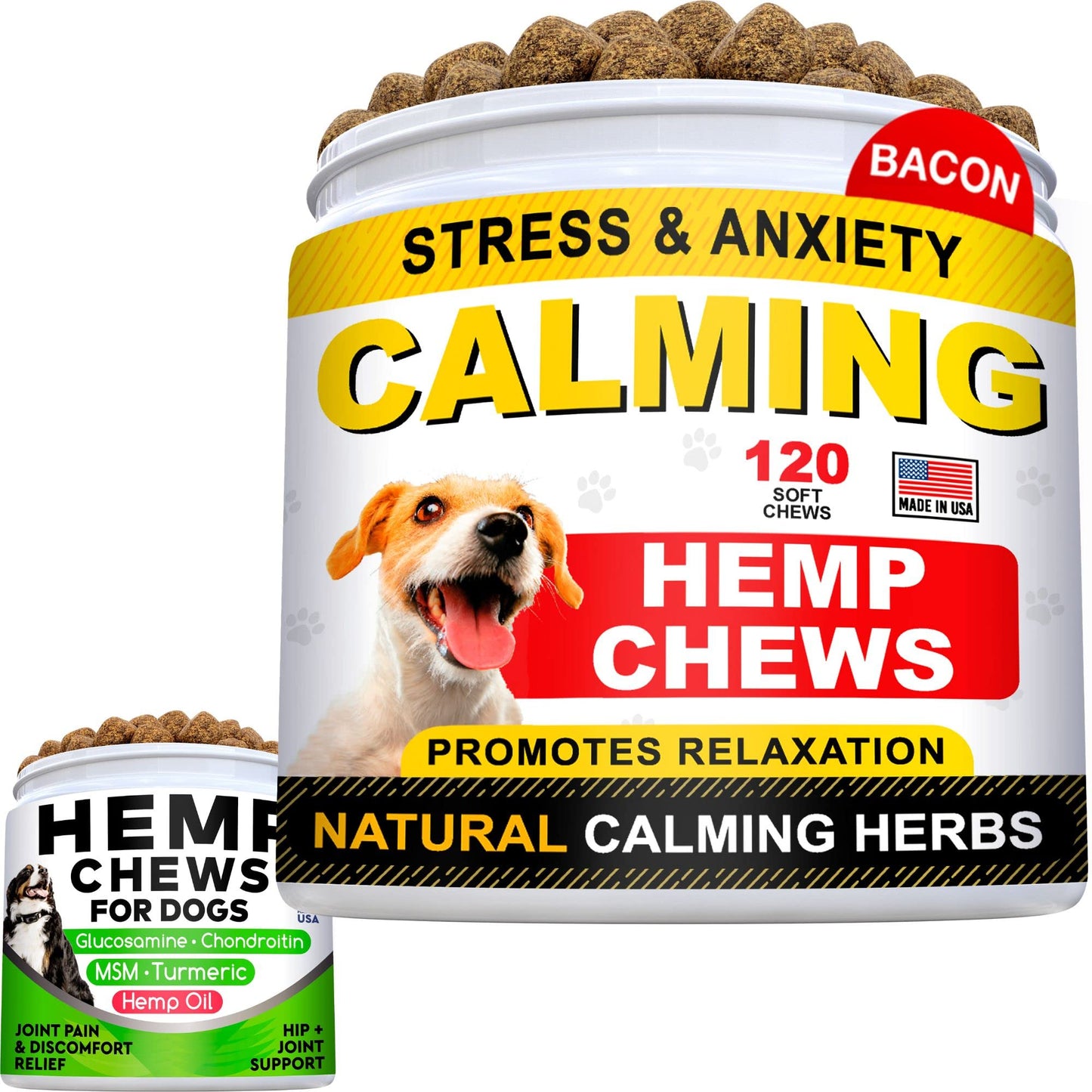 Hemp Calming Treats + Glucosamine for Dogs Bundle - Anxiety Relief + Joint Pain Relief - Hemp Oil + Protein, Chondroitin, MSM, Turmeric - Stress Relief + Improve Mobility - 240 Chews - Made in The USA