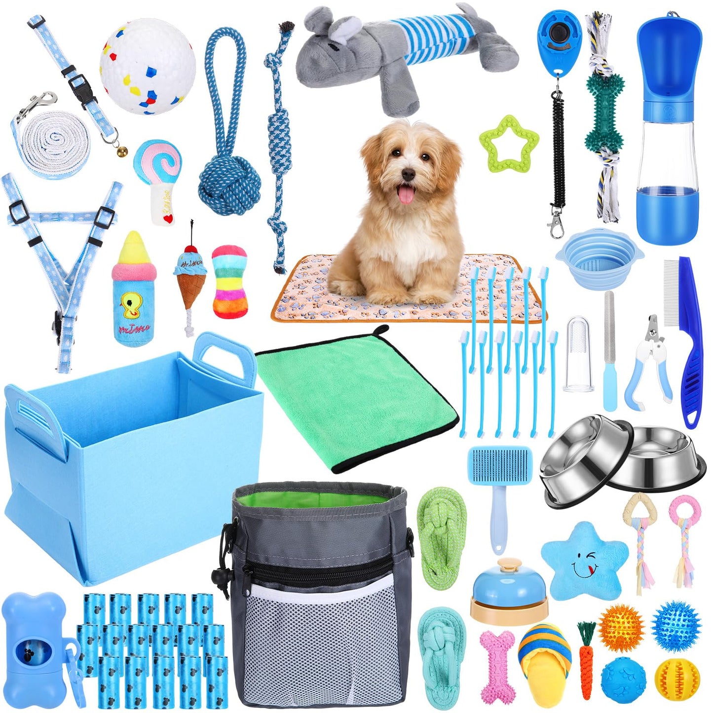 PullCrease 65 Pcs Puppy Supplies Starter Kit Small Dog Essentials Includes Dog Leash, Toys, Bowl, Brushes, Water Bottles, pet Blankets Puppy Accessories for New Welcome Gift Supplies(Cool,Blue)
