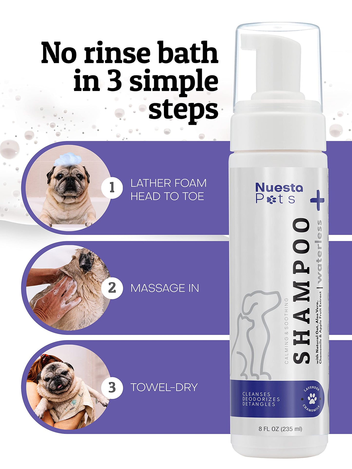 Nuesta Pets Waterless No-Rinse Pet Shampoo | Soothing Hypoallergenic Gentle | time-Saving Stress-Free foaming Cleanser (3 8 fl oz Bottles Lavender)