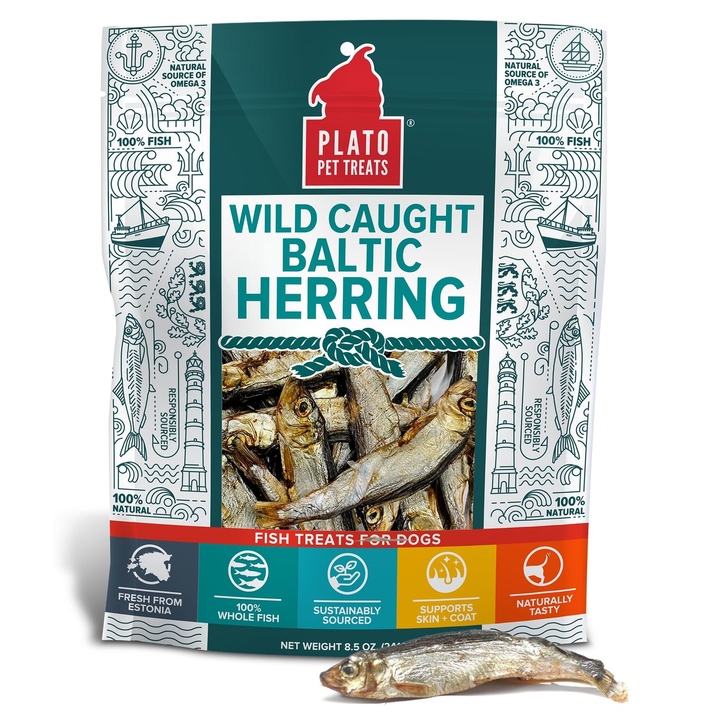 PLATO Pet Treats Fish Dog Treats - Air-Dried, Single Ingredient Dog Treat - with Omega 3 & 6 Fatty Acids to Support Skin and Coat - 100% Whole Fish - Wild Caught Baltic Herring Dog Treats - 8.5 oz