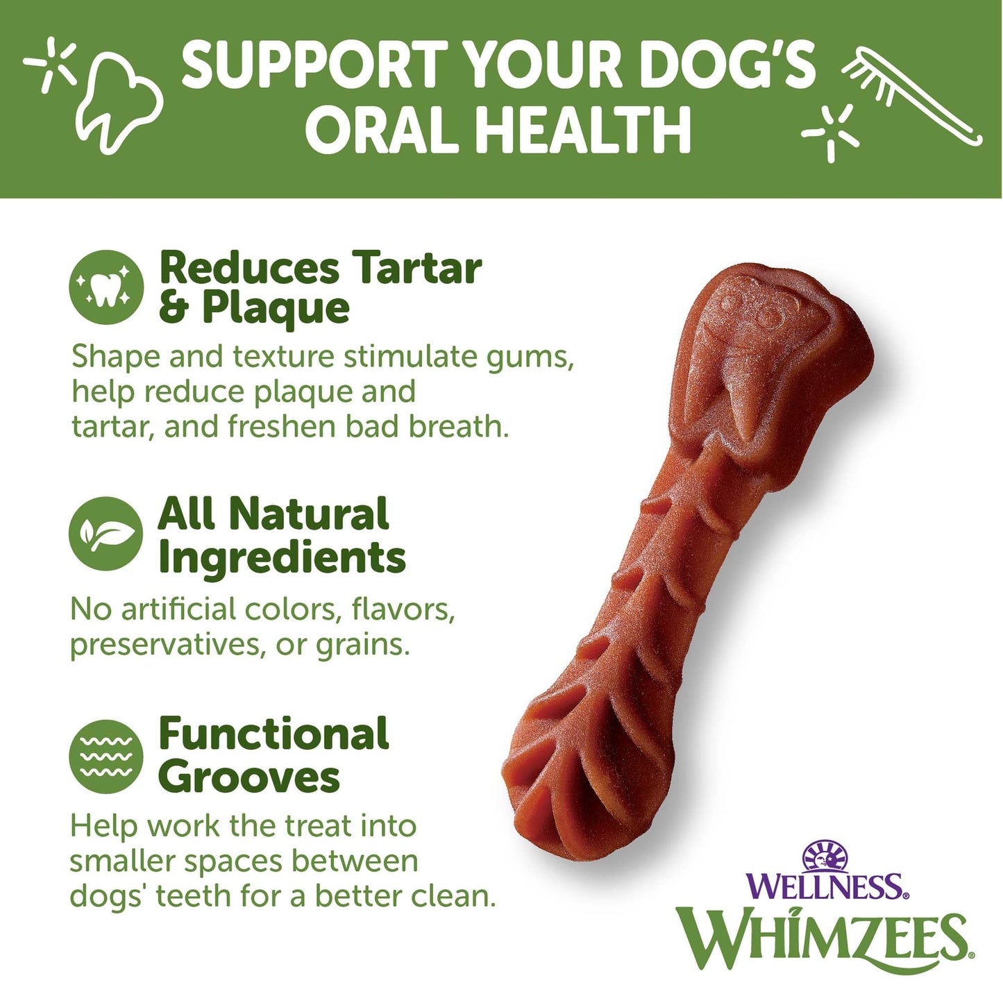 WHIMZEES Wellness Daily Brushzees Dog Dental Treats, Natural Chews, Extra Small Size Stick, (28 Count)