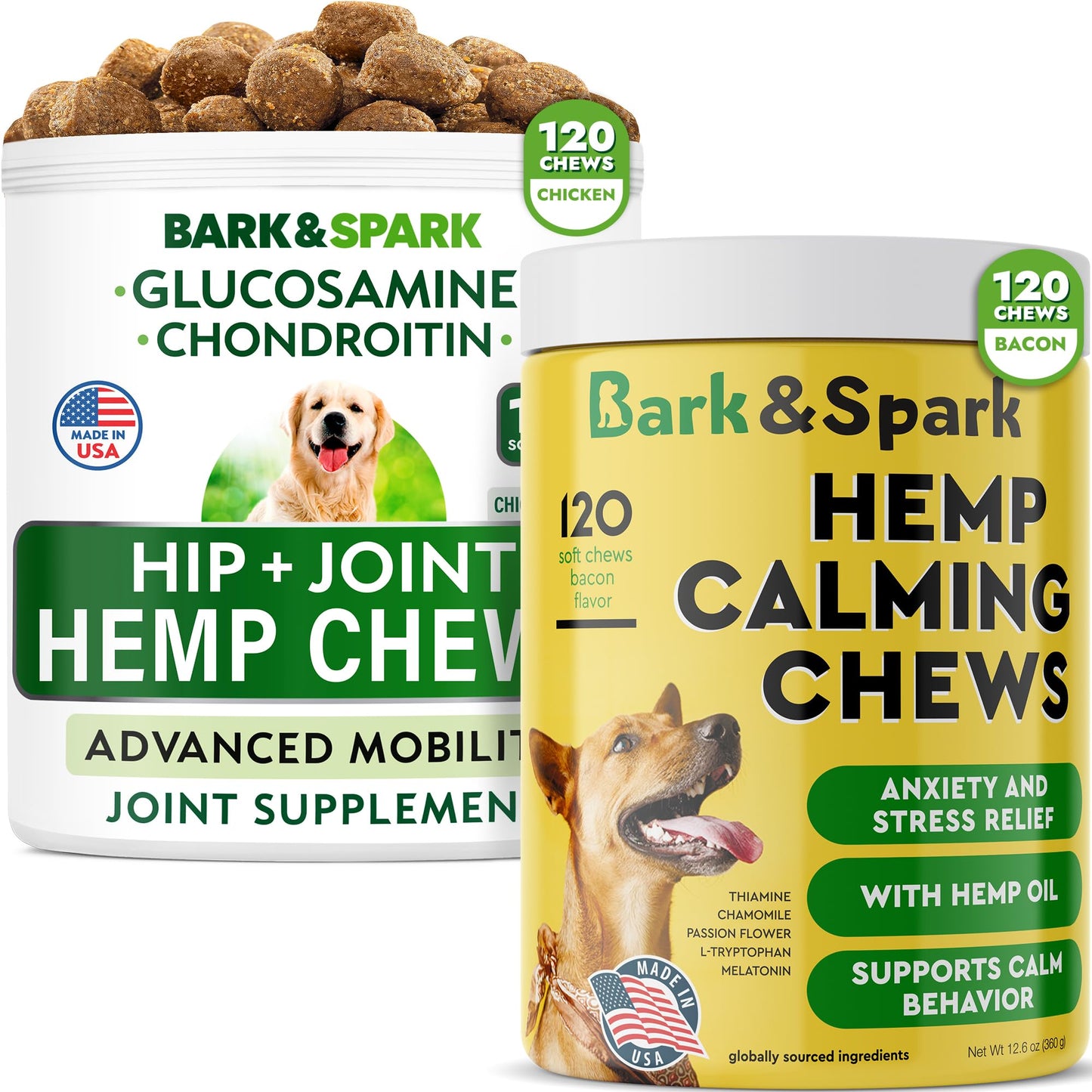 Calming for Dogs + Hemp Treats + Glucosamine Bundle - Hemp Oil + Chondroitin, MSM, Omega-3 - Anxiety Relief + Joint Pain Relief - Stress Relief During Fireworks, Storms, Thunder - 2 x 120 Soft Chews