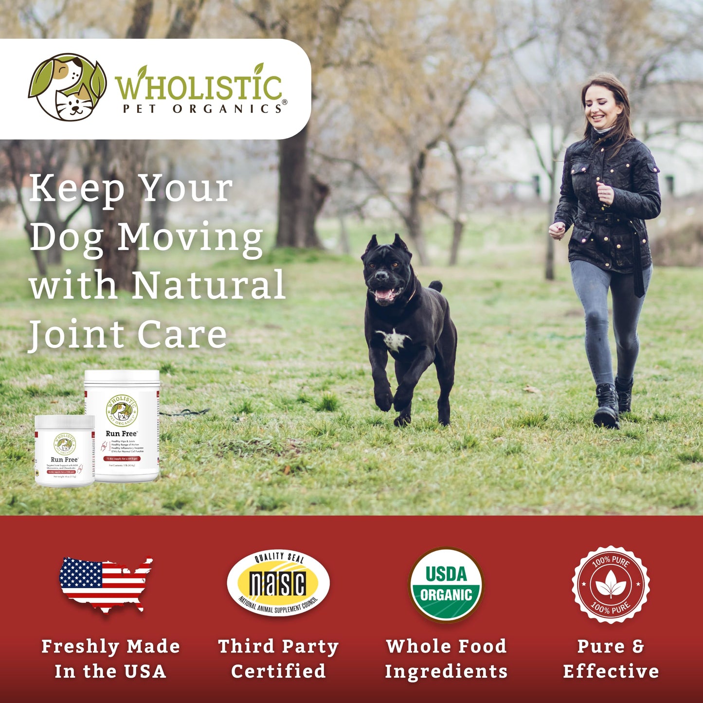 Wholistic Pet Organics Joint Supplement for Dogs - 1 Lb - Daily Dog Hip and Joint Supplement with Glucosamine Chondroitin & MSM to Support Mobility - All Breeds & Ages - Organic Glucosamine for Dogs