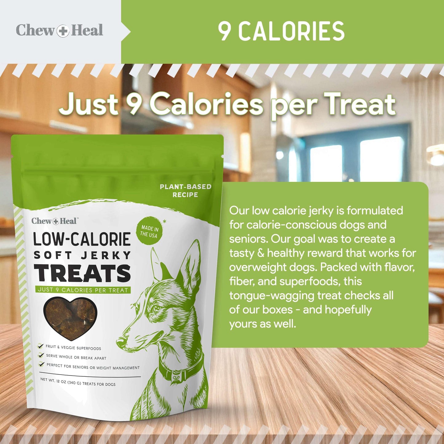 Chew + Heal Labs Low Calorie Dog Jerky Treats - 12 oz of Vegan Plant Based Natural Dog Treats with Chia Seeds, Fruits, and Vegetables - Good for Weight Management - Made in The USA