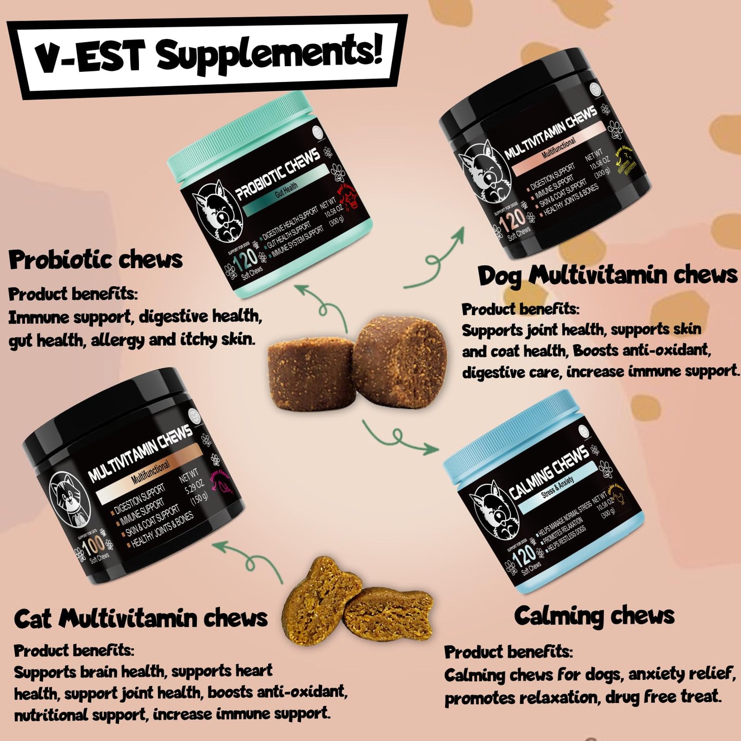 Calming Chews for Dogs V-EST – Available in 3 Formulas: Calming, Multivitamin or Probiotics – Soft Chews Chicken Flavor – Helps Stress & Anxiety – 120 Count