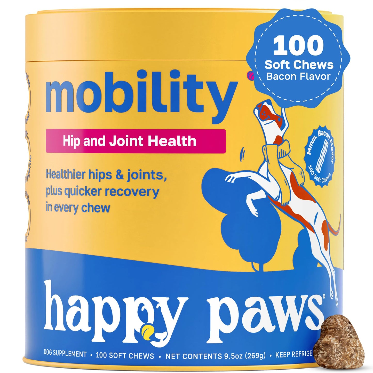 Happy Paws Natural Hip & Joint Supplement for Dogs, 100 Soft Chews, Supports Healthy Joints, Made with MSM, Glucosamine & Chondroitin, for All Breeds & Sizes, Chewable Bacon-Flavored Treats