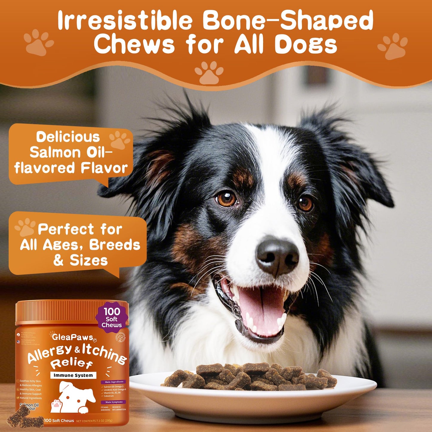 GleaPaws Dog Allergy & Itch Relief Supplement - Salmon Oil Omega-3, Omega-6, Vitamin B1/B2/B6, Colostrum Probiotics for Seasonal Allergy, Hot Spots, Paw Licking, 100 Chews, Store in Dry Place