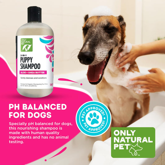 Only Natural Pet 2-in-1 Puppy Shampoo with Aloe & Shea Butter - Hydrating Dog Shampoo for Puppies with Sensitive Skin & Coat, Moisturizing Plant-Based Formula, No Fragrance - 16.9 oz