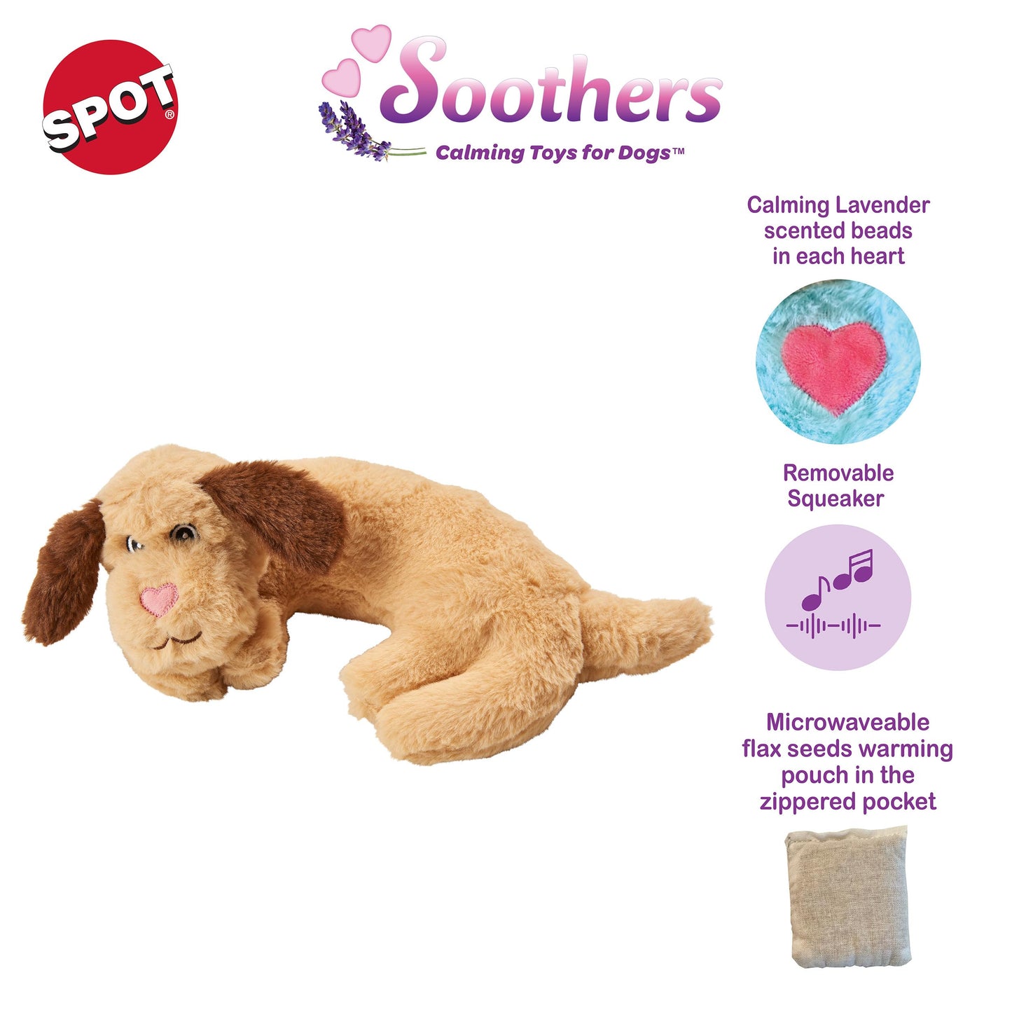 SPOT Soothers- Warm Hug Pal - Calming Plush Dog Toy with Lavender Scented Beads, Removable Squeaker, Microwavable Warming Pouch, Separation Anxiety Relief, for Medium to Large Dogs and Puppies, 10in
