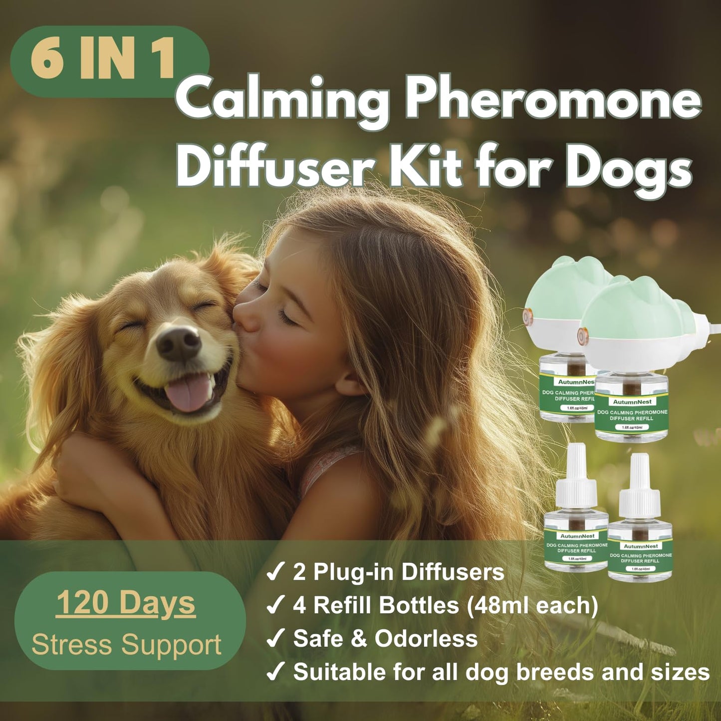Dog Calming Diffuser with Light & 4 Refills (48ml Each) + 3PCS Orange Woven Chew Toys – 120-Day Plug-in Kit and Pet Play Set for Dogs, Cats, and Small Animals