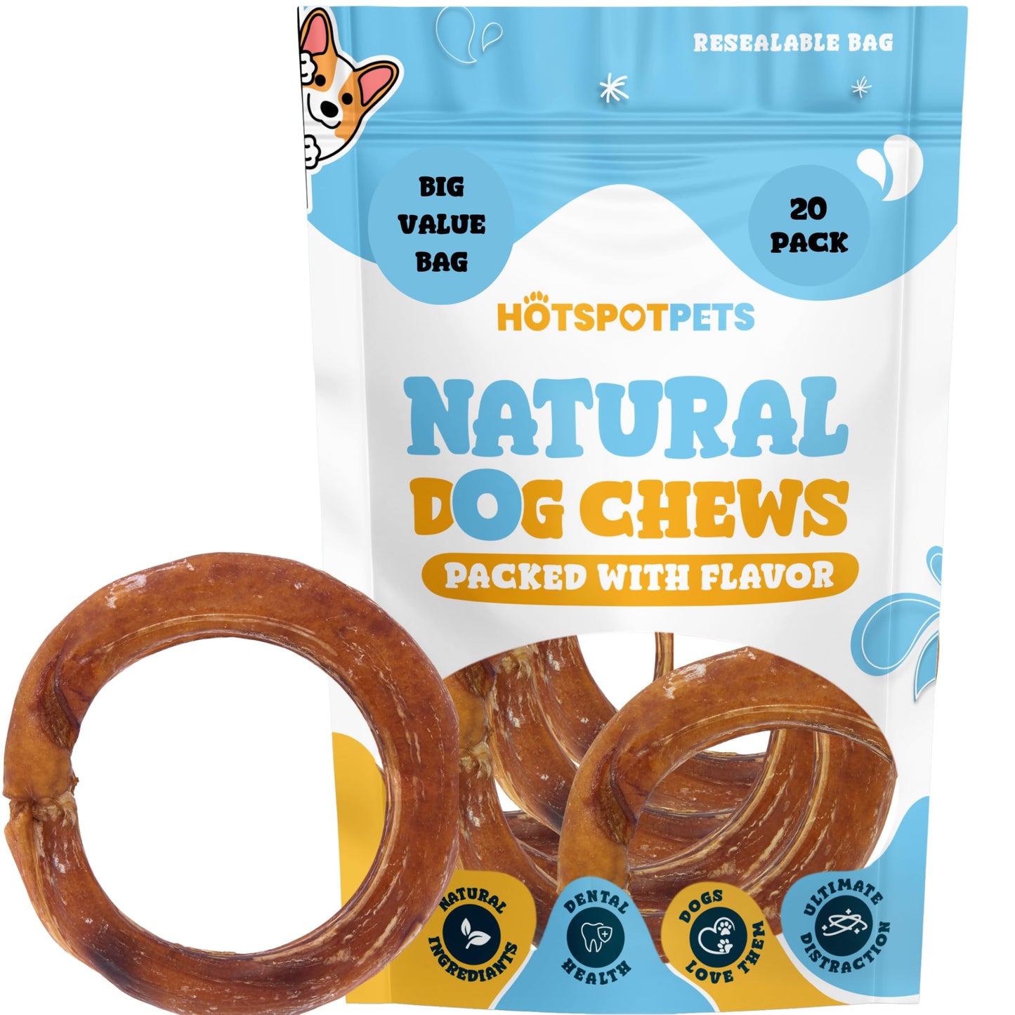 hotspot pets Bully Stick Rings for Dogs - (20 Pack) 4" Premium All Natural Long Twisted Beef Pizzle Dog Chew Treats, Low Odor- Grain Free Fully Digestible Rawhide Alternative -Thick Chew Circles