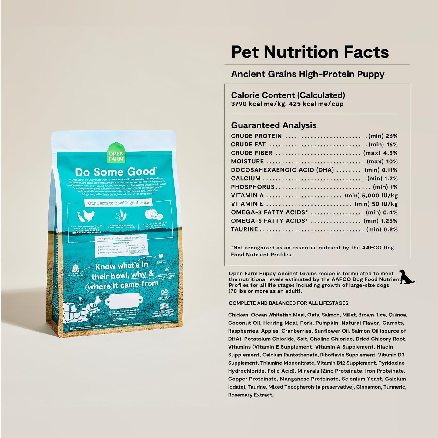 Open Farm, Ancient Grains Dry Dog Food for Puppies, Protein-Rich & Nutrient Dense, 90% Animal Protein Mixed with Non-GMO Fruits, Veggies and Superfoods, Chicken & Salmon Recipe for Puppy, 4lb Bag