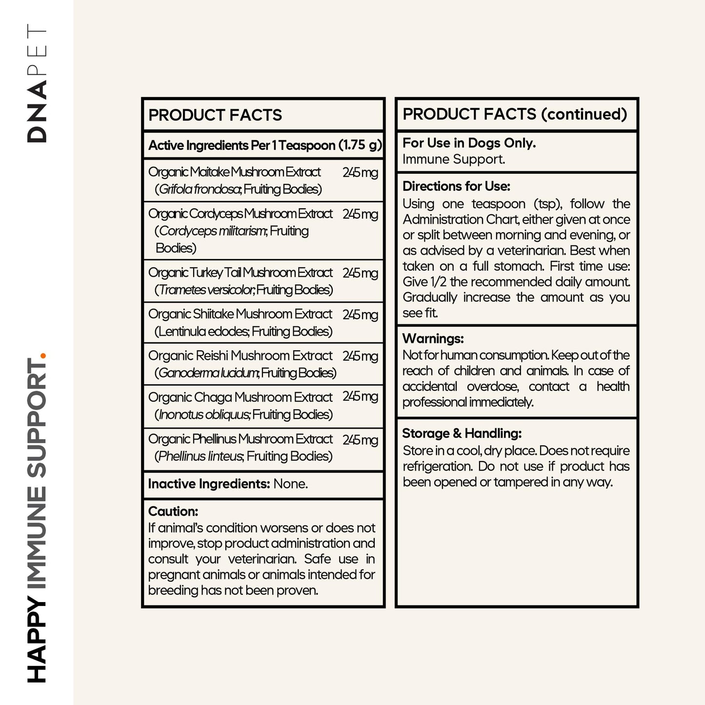 DNA PET Happy Immunity USDA Certified Organic Mushroom Complex for Dogs, Organic Cordyceps Shiitake Reishi, Vegan Mushroom Blend Powder Canine Supplement, Advanced Mushroom Mix, Non-GMO, 3.5 oz