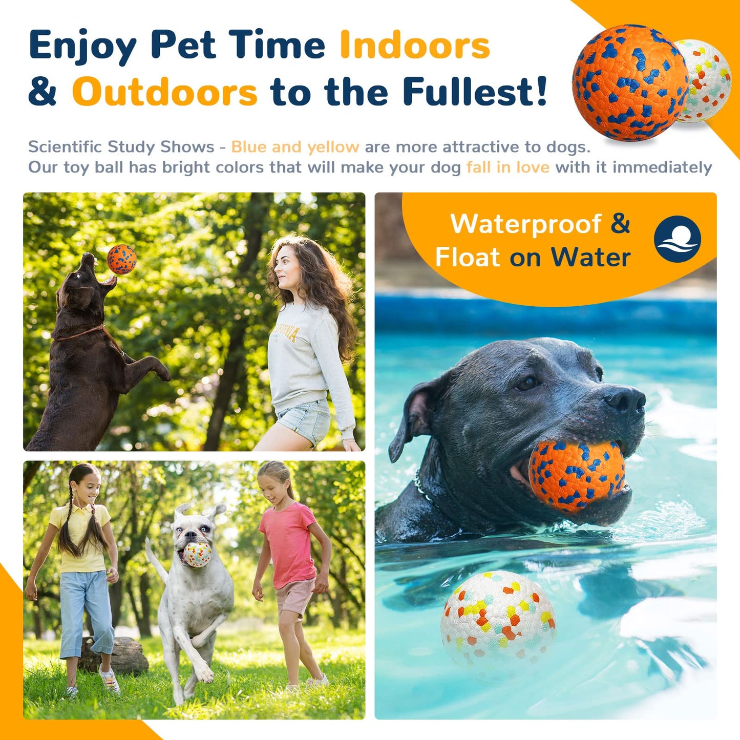 Petcare 2 Pack Dog Balls Toys for Aggressive Chewers Indestructible Tennis Balls for Medium Large Dogs Water Toy Chew Ball Tough Durable Big Dog Toys Bouncing Ball for Dogs to Fetch, Orange+White