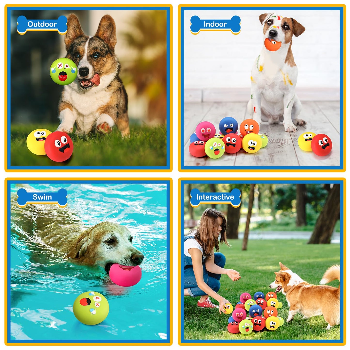 Hungdao 12 Pcs Latex Squeaky Dog Toys Funny Face Squeaky Dog Balls Soft Rubber Interactive Fetch Play Balls for Mini Small Breeds Puppy Pet Teething Training