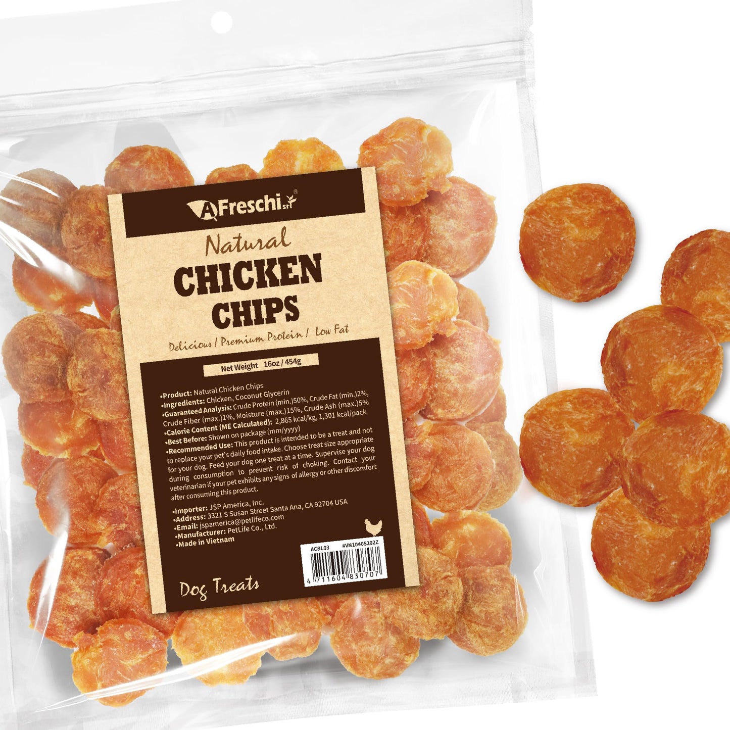 AFreschi Natural Chicken Chips 16 oz, Dog Treats, All Natural, Grain-Free, High-Protein, Low Fat, Healthy & Easily Digestible