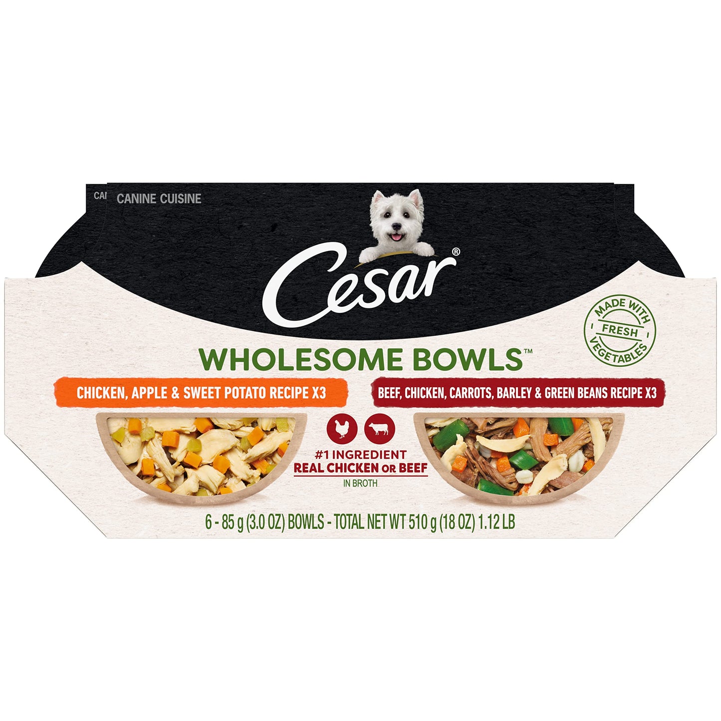 Cesar Wholesome Bowls Adult Wet Dog Food, Beef, Chicken, Carrots, Barley & Green Beans Recipe and Chicken, Apple & Sweet Potato Recipe Variety Pack, 3 oz. (6 Count, Pack of 1)