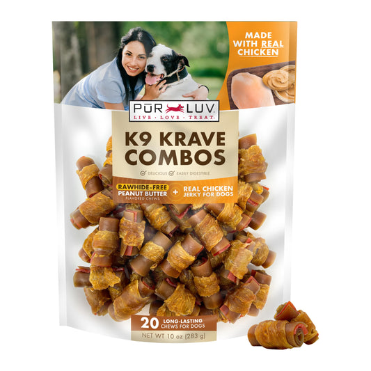 Pur Luv Dog Treats, K9 Kraves Combo Rawhide Free Bone Dog Treat, Peanut Butter and Chicken Flavor, Made with Real Peanut Butter and Chicken, 20 Count, Easily Digestible, Long-Lasting, High Protein