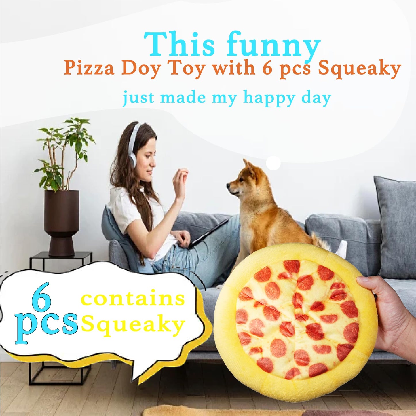 XIANG YXWO Soft Pizza Dog Toy, 6 Safe Squeakers for Puppy Toy, Interactive Dog Chew Toy, Soothing Chew Toy for Indoor Small/Medium Dogs (Pizza)