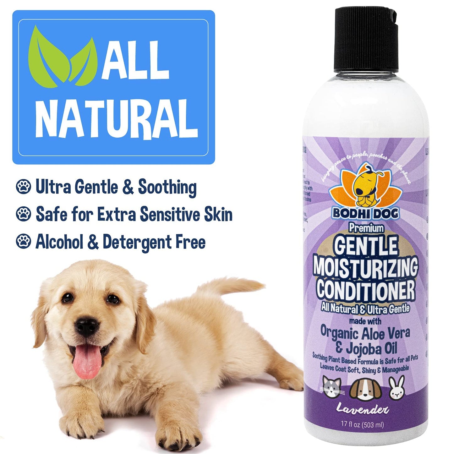 Bodhi Dog Gentle Moisturizing Dog Conditioner - Soothing Plant-Based Formula with Aloe Vera & Jojoba Oil - Hydrates & Softens Coat - Leaves Coat Soft Shiny & Manageable - Lavender Scent (17 Fl Oz)