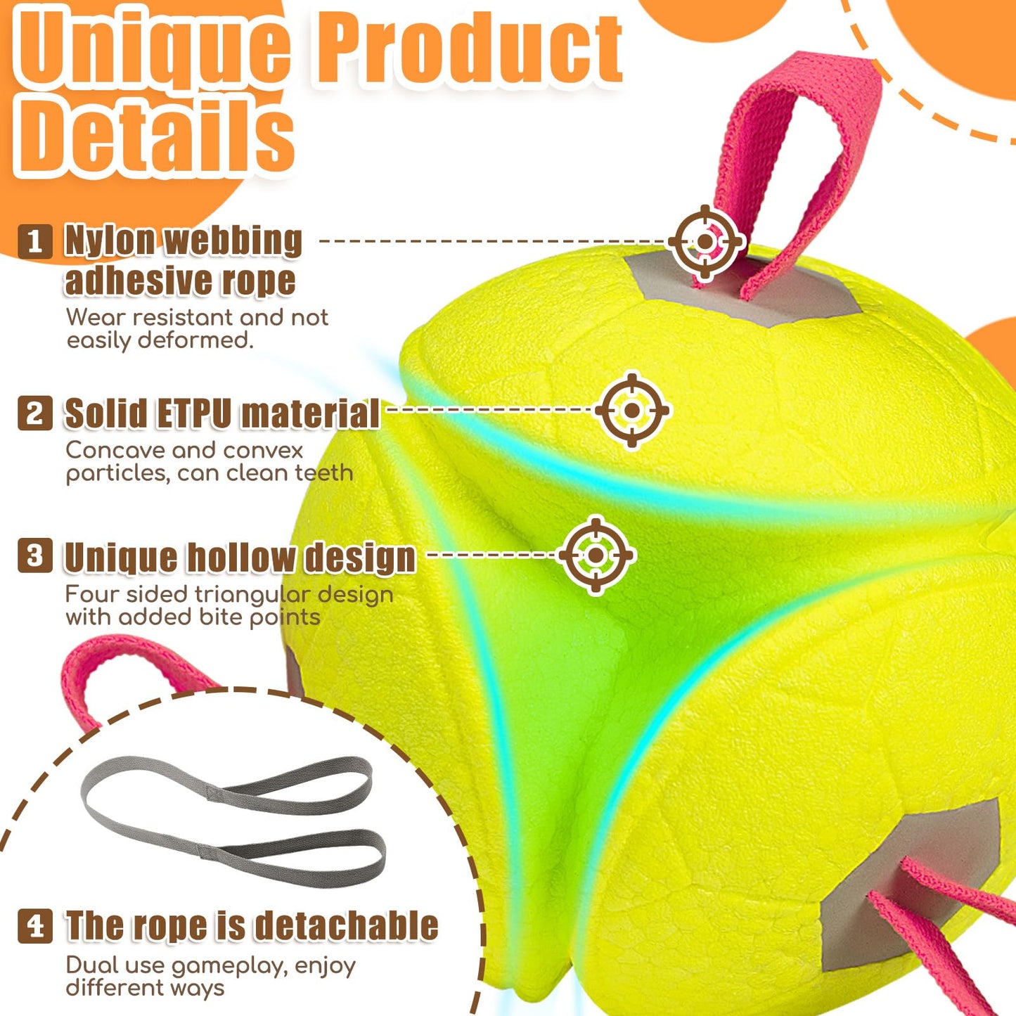 Moonorange 6 Inch Dog Ball Toys Interactive Soccer Ball with Straps for Tug of War Water Pet Toys Gifts for Puppy Birthday Indoor Outdoor for Fetch for Large Medium Dogs