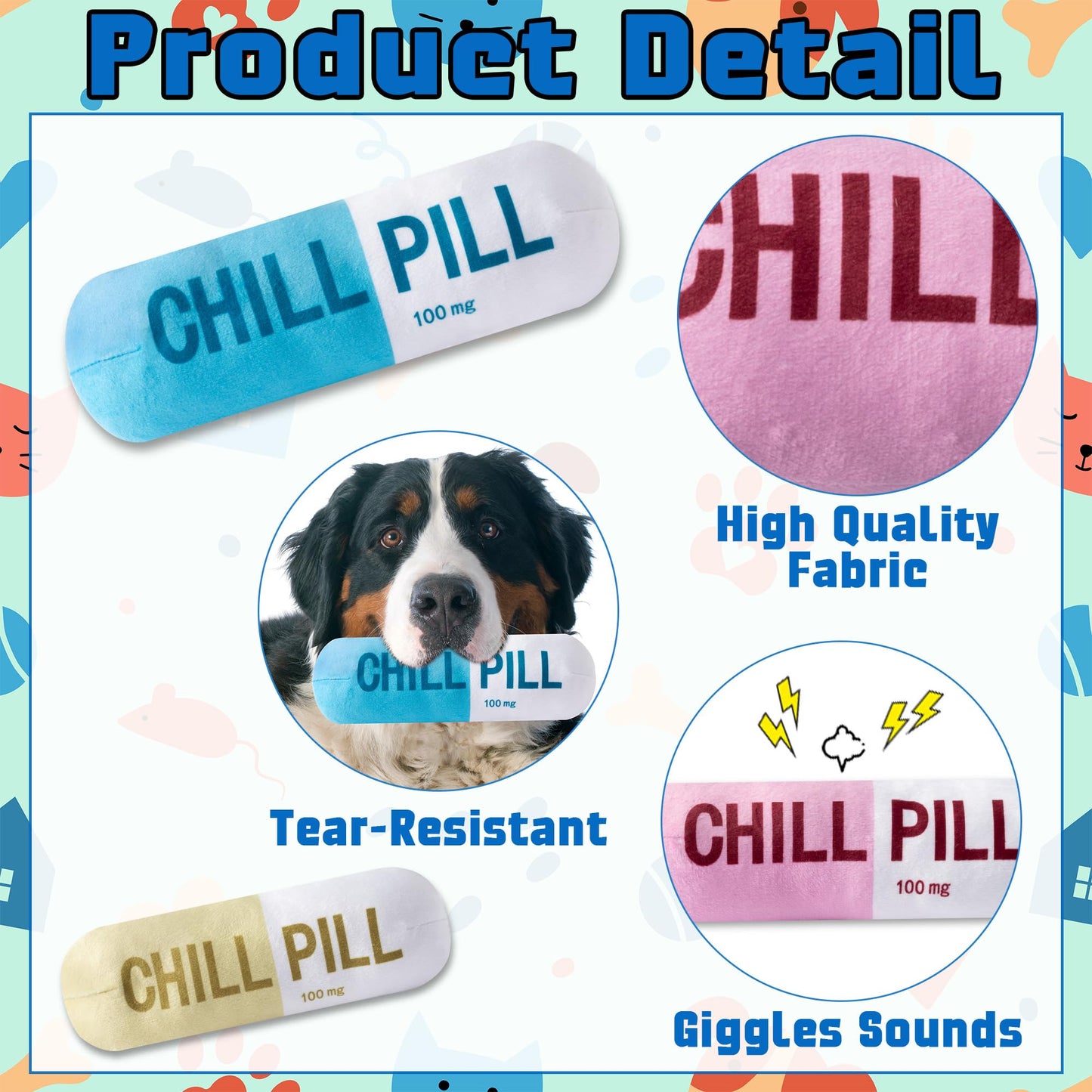 CUweipeng Squeaky Dog Chew Toys - 3Pcs Chill Pill Capsule Teething Squeak Small Plush Dog Toy Keep Them Busy Aggressive Chewers Bite Kick Interactive Training Play Pet Lover Gifts Present Photo Props